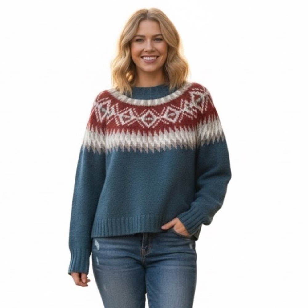 American Eagle AEO Fair Isle Ski Knit Sweater Green Red White Lodge XS Retro
